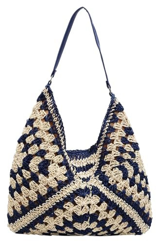 Macayda Strohtasche Damen Geflochtene Tasche, Sommer Korbtaschen Damen Mittelgroß Basttasche Boho Stroh Woven Bag Flechttasche für Strand Reisen Urlaub (Blau)