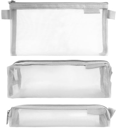 KYOEOE 3 Stück Transparente Federmäppchen Grau Set,20cm Groß Federmappe Mesh Mäppchen Teenager Tragbares Federtasche Kosmetiktasche Schlampermäppchen für Schule,Reise Aufbewahrungsbeutel