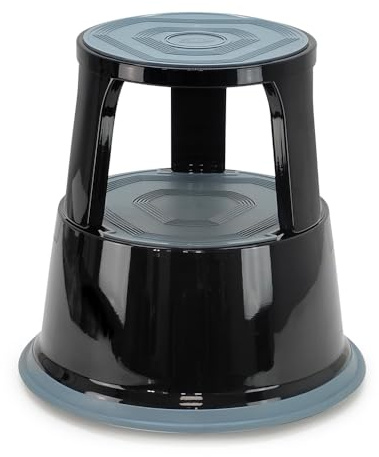 Marchepied Tabouret à roulettes en métal Robuste – 2 marches antidérapantes, roulettes à Blocage Automatique – Hauteur 43cm, Charge 150 kg, sécurité TÜV/GS, Noir/Gris