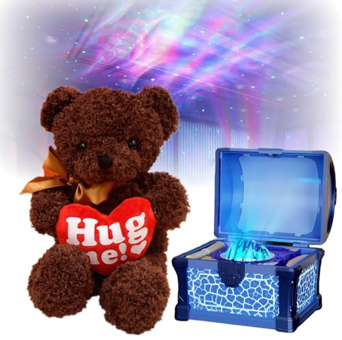 Treasure Chest Galaxy Projector with Bear Stuffed Animals, Star Projector Northern Lights Aurora Night Light with Auto On/Off Lid, 8 Aurora Modes, Timer & Remote for Bedroom Ceiling (Blue, Brown Bear)