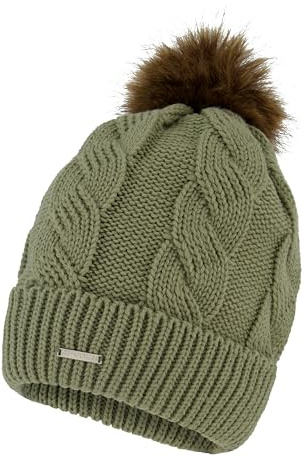 Spyder Womens Cable Knit Pom Pom Beanie with Ribbed Cuff, Sage, One Size