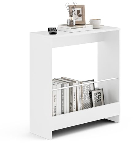 2 Ebenen Beistelltisch schmal,Nachttisch schmal mit Zeitschriftenregal,Couchtisch klein Sofatisch klein,Platzsparendes Moderne Kleiner Beistelltisch,für Wohnzimmer, Schlafzimmer, Arbeitszimmer (Weiß)