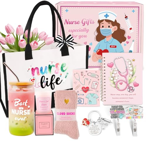 Nurse Gifts for Women, RN Nurse Practitioner Gift Baskets for Christmas Birthday Nurses Week Graduation | Bulk Appreciation Stuff with Canvas Tote Bag, Notebook, 16 Oz Glass Bottle, Badge Reel