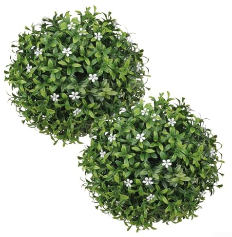 2 Pcs Artificial Topiary Balls 25cm Faux Boxwood Flower Balls Decorative Plastic Hanging Grass Spheres for Garden Patio Balcony Wedding Indoor Outdoor Home Décor(White Flower)
