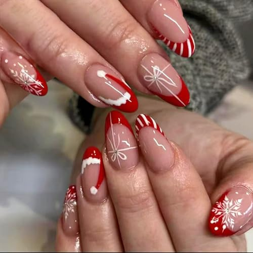 Christmas Press On Nails - French Tip False Nails with Glue - 24Pcs Almond Shaped, Reusable, Durable Christmas Nails in 12 Sizes - with Red Christmas hat, Glitter Snowflakes Design