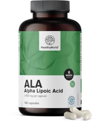 HealthyWorld ALA – Ácido alfa lipoico 650 mg – 180 cápsulas vegetales | Aumento de Energía, Suministro para 6 Meses, Excelente Aprovechamiento