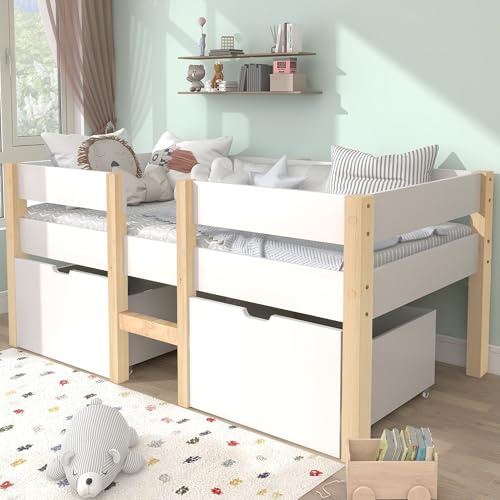 LINKHOO Kinderbett, mit Schublade und Fallschutz, massives Kiefernholz, 90 x 190 cm, Weiß & Eiche
