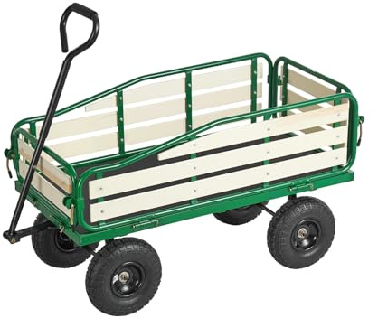 VEVOR Carro de Playa con Ruedas 118 x 52 x 61 cm, Carga 250 kg, Madera y Acero Carbono, Resistente al Agua Clima y Óxido, Carrito Todo Terreno Verde Negro con Asa para Niños Camping Jardín Bebé Arena