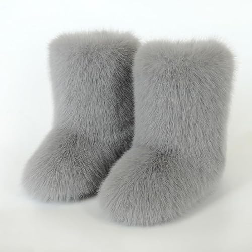 Söta fluffiga stövlar, lurviga stövlar för kvinnor, varma snöstövlar, vinterstövlar med fuskpäls gray European-size-40⅔