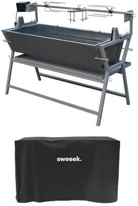 sweeek - Rôtissoire charbon de bois motorisée inclinable en inox avec tournebroche avec housse