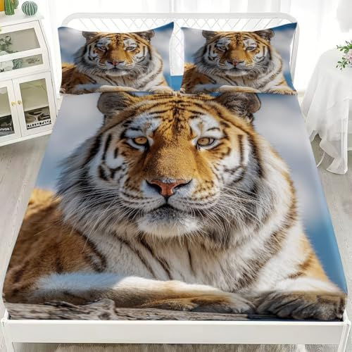 Hörn Lakan 140 x 200 cm Första våningen Av En Tiger Djur Sängkläder Set Mjuk Andningsaktiv Hypoallergen Gul Borstad Mikrofiber Lakan Med Hörn Med 2 Örngott