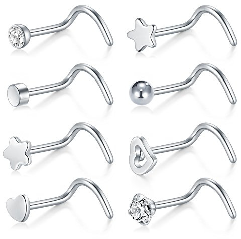 Briana Williams 20G 8 Unids Nose Screw Studs Anillo de Acero Inoxidable Zirconia Ball Heart Star Flat Top Nostril Retenedor Joyería Piercing