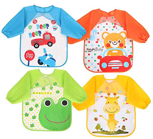 Vicloon Baby haklapp med långa ärmar, 4 stycken vattentäta babylappar, ärmhaklappar tvättbar, unisex för målning play mat konst hantverk målning, 4 mönster, lämplig för 6–36 månader barn