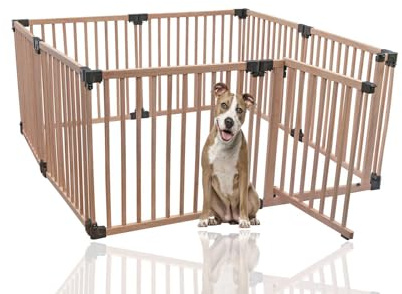 Safetots Tiergehege und Welpentraining-Gehege, 160cm x 160cm, Naturholz, Hundegehege für Haustiere, Hunde und Welpen, Hunde-Spielgehege, Innen-Hundebereich, Einfache Installation.