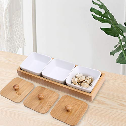 Tabelle Snack Serving Appetizer Plate Dish Wüste Vorspeise Serving Set Porzellan Square Ramekins Souffle Snack Dish Schalen auf Holzbrett(3-Compartment)