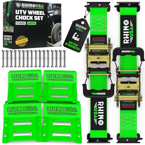 Rhino USA Wheel Chock Tie Down Kit 4,500lb Break Strength (2) Heavy Duty Trailer Tire Ratchet Straps (4) Wheel Chocks - E Track System for ATV, UTV, Lawn Mower Four Wheeler - Green