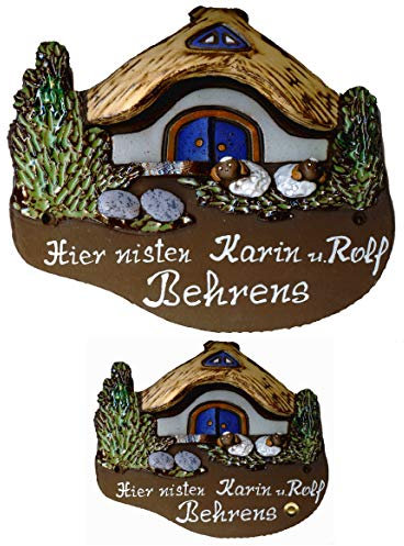 Keramikschild-Haus mit Schafen-Türschild-Klingelschild-Namensschild-2 Größen-Schild-Relief von Hand gefertigt-Incl. Beschriftung-Mit, oder ohne Klingel (6908 = 205 x 195 mm mit Klingel)