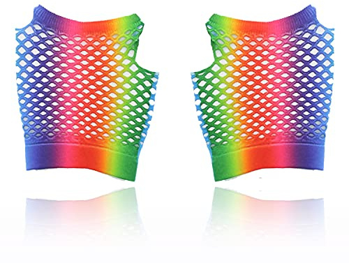 AKH® Kurze Fischnetz-Handschuhe in Regenbogenfarben, Einheitsgröße für Damen, fingerlos, Netz-Handschuhe, dehnbar, Regenbogenfarben, Handgelenk-Handschuhe für 80er Jahre, Kostüm, Tutu, Zubehör