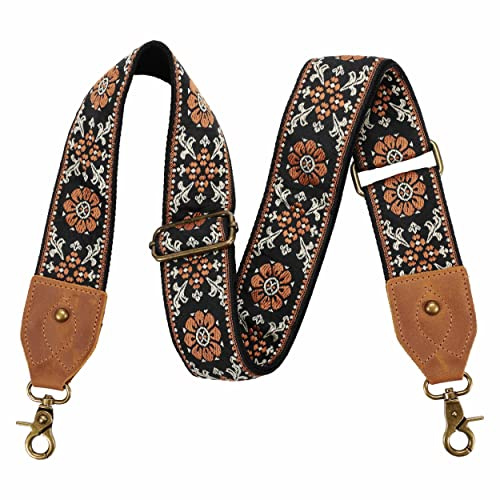 Nefelibata Purse Strap, 2 Crazy Horse Leather End Shoulder Strap Adjustable Replacement,Retro Jacquard Embroidery Multi-pattern Crossbody Bag Straps for Handbag,Crossbody Bags(Brown flower)