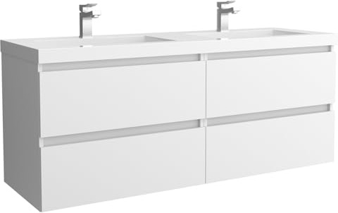 Salgar Mueble de baño Bequia 140 cm 100% montado de fábrica Acabado Mate suspendido 4 cajones Cierre amortiguado Apertura con uñero Lavabo 2 pozas Porcelana Blanco Mate