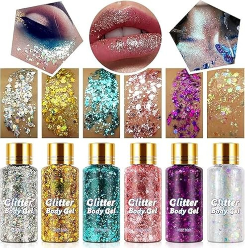 6Pcs Glitzer Gesicht, Body Glitter Gel für Make-up, Face Glitter Festival Für Augen und Lippen,Maniküre DIY, Glitzer Schminke Gesicht für dauerhaften Glanz,Long-Lasting Mermaid Sequins Glitters kit