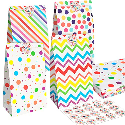 PHOGARY 20 bitar Papper Party Bags för barnfest, regnbågsprickar och randiga färgpåsar med 24 bitar Tack klistermärke för barn födelsedagsfest, Goodie godispåsar till påsk