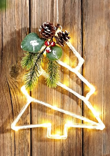LED Wanddeko Tanne 25 cm hoch, mit Lichterkette, Zweigen und Tannenzapfen, Weihnachtsdeko, Leuchtdeko