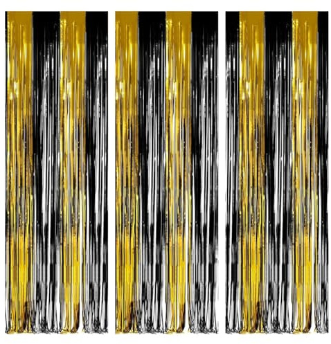 O-Kinee Abschluss Vorhänge Gold Schwarz,Lametta Vorhang,Glitzervorhang,Tinsel Curtain,Fotowand Hintergrund Folienfransen für BVB Graduation Rente Geburtstag Hollywood Gatsby Silvester Party