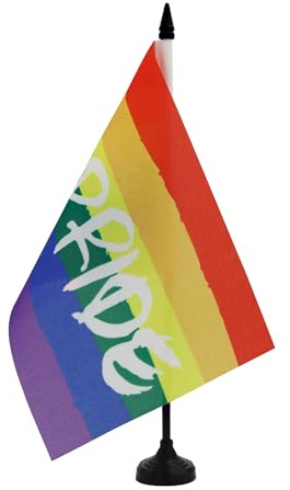 AZ FLAG Tischflagge Regenbogen Hashtag pride 21x14 cm Kunststoffsockel | Für innen Schwul Tischflagge genähte Ausführung mit verstärkten Kanten mit Kunststoffstab 100D Polyester