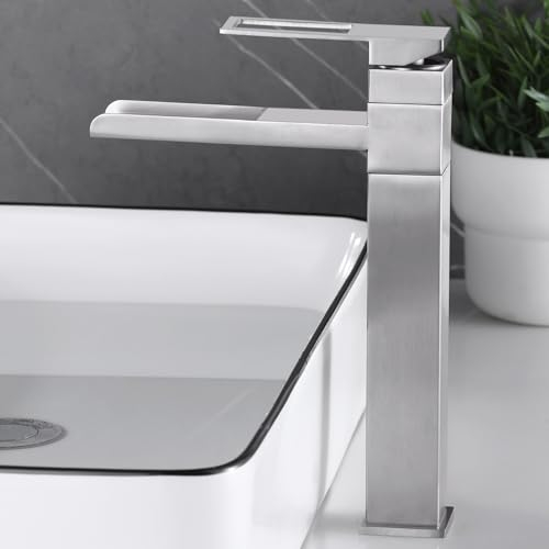 SHANFO Rubinetto Bagno Lavabo Alto, Rubinetto per Lavabo Girevole a 360°, Miscelatore Monocomando Lavabo Cascata, Fredda e Calda Regolabile, Nichel Spazzolato, 6M2OK-T