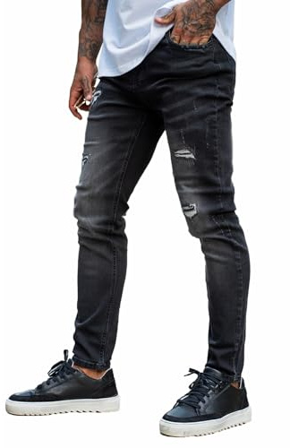 GINGTTO Vaqueros Elasticos Hombre Slim Fit Zip Jeans Skinny Tapered Rasgados Denim Pantalones Jeans para Hombres Negro 28