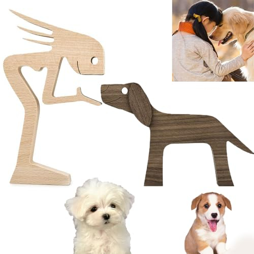 RHQFDM Holzschnitzerei für Hunde Handgemachte Hund Holzschnitzerei Familie Haustier Holzschnitzerei Holzschnitzerei von Hunden und Menschen Geschnitzte Holzdekorationen für Hundeliebhaber