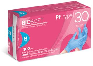 Glovely Guantes de nitrilo azul Biosoft PF tipo 30, sin látex, sin polvo, texturizado en los dedos, aptos para alimentos, talla M