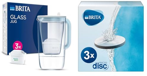 BRITA Glass Water Filter Jug Starter Pack-Light Blue (2.5 Litre) & MicroDisc replacement filter discs for Fill&Go and Filter Bottles, reduce chlorine, microparticles and other impurities - 3 pack