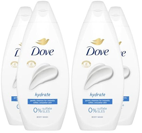 Dove Body Wash 0% Sulfate SLES for Women Made with Naturally Derived Cleansers and Plant Based Moisturiseres Gently Cleanses for Softer and Smoother Skin, 225ml (4 Pack, Hydrate)
