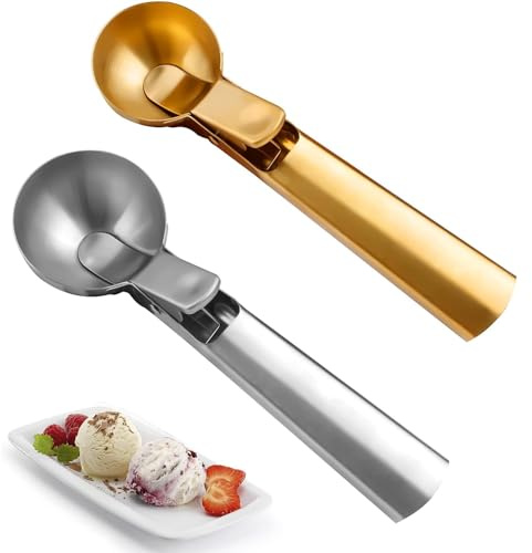 2 Pack Stainless Steel Ice Cream Scoops with Easy Trigger - Food Scoops for Potato, Yogurt, Melon Ball, Cookie
