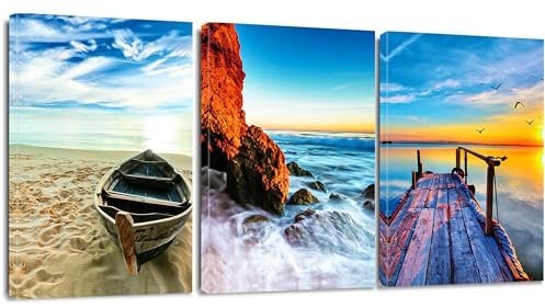 Sungeek 3 Teilig Leinwandbilder mit Holzrahme, Leinwanddruck Bilder 30 x 40 cm, Moderne Wandbilder Kunstdruck Wand Dekoration für Wohnzimmer Schlafzimmer Home Esszimmer Büro (Meeresufer A)