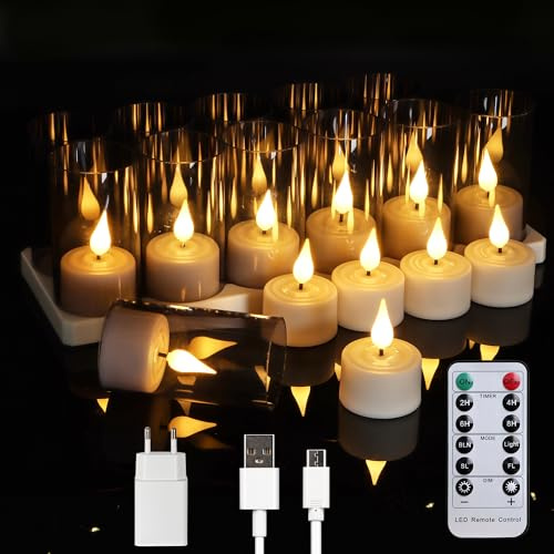 ZIYOUDOLI 12er Wiederaufladbar Teelichter mit timer fernbedienung dekorative tassen, Aufladbare kerzen mit usb ladekabel Ladestecker für halloween weihnachten party dekoration möbel dekoration kerzen
