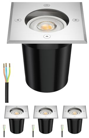 ledscom.de 4x Boden-Einbauleuchte RELI für außen, IP67, edelstahl, 11 x 11cm, inkl. 7,6W LED Lampe 1103lm, 33°, warmweiß