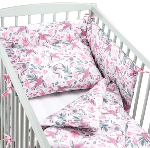 Pepi - Babybettwäsche Set 4 teilig - Kinderbettwäsche - Bettdecken & Kissenbezug - Bettschutzgitter - Baby Bettwäsche - Bettwäsche Kinder - Kinder Bettwäsche - Baumwolle 100% - (Hummingbird Rosa)