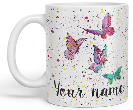Vixar Personalised Mug with Your Text Name Butterfly Animals Watercolour Art Coloured Ceramic Mug Cup Gift 330ml 11oz Custom Work Office Tea Coffee (White)