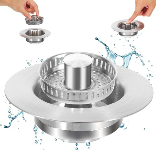 Gatuida Kitchen Sink Plug Strainer: Metel 3 in 1 Sink Water Stopper Pop Up Sink Drain Filter Basket for Food/Hair Catcher - Prevent Clogs Bad Smells