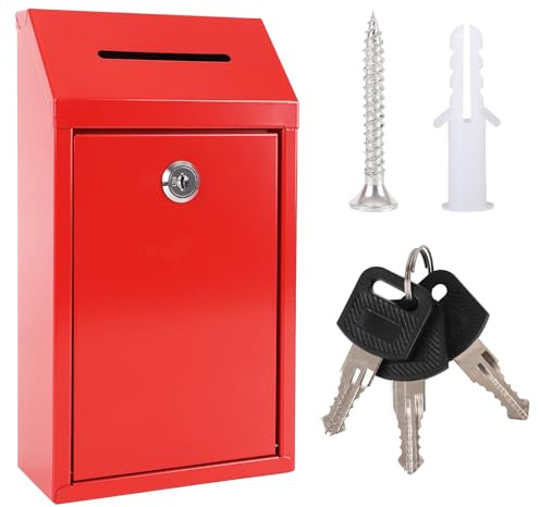 WAYASDCU Urne de don en métal avec serrure - Boîte à suggestions avec fente et serrure en métal - Boîte à commentaires - Boîte à votes pour la maison et le bureau (rouge, 26 x 14 x 7 cm)