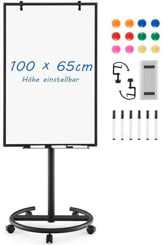 FANTASK Whiteboard, Flipchart Ständer, 100x65cm, mobiles Whiteboard auf Rollen, höhenverstellbar bis 192cm, trocken abwischbar, magnetisch, Flip Chart mit rundem Ständer, Magneten, Markern & Radierer