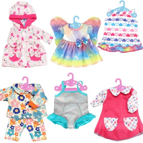 Xerteam Set di 6 Vestiti per Bambole, Vestiti per Bambole da 12-14 Pollici Vestiti per Bambole Neonato con Grucce, 30-45cm Vestiti per Bambole Sweet Bibi - Vestito Rosa Pigiama Costume da Bagno