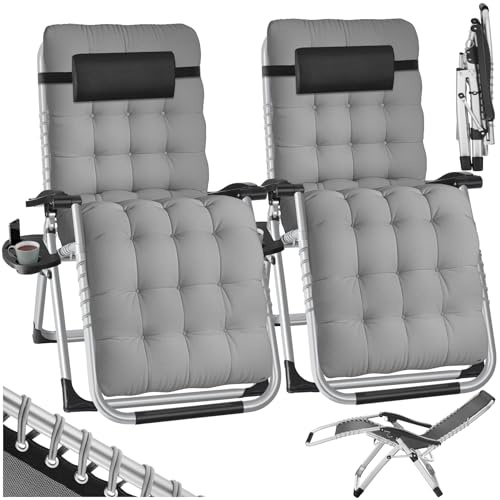tectake® Silla Tumbona Plegable para Playa y Jardín, Cojín Cabezal Extraíble, Estructura de Acero, Mesa Auxiliar, Ideal para Camping y Picnic, Silla Exterior Terraza - 2 Tumbonas Gris Claro