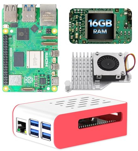iRasptek Basic Kit for Raspberry Pi 5 16GB RAM mit Rote und weiße Gehäuse und aktivem Kühler