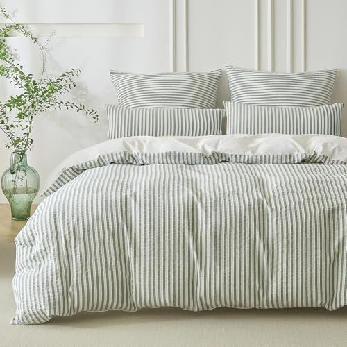 SOULFUL Bettwäsche 220x240 Baumwolle Gestreift Jacquard Oeko-TEX Salbeigrün | Gewaschene Baumwolle Boho Bettwäsche-Sets mit Reißverschluss Atmungsaktiv Enthält 1 Bettbezug 220x240 und 2 Kissenbezug 80x80