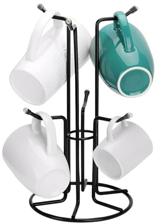 Yeqqzq Mug Tree for Large Cups, Counter Coffee Mug Holder with 6 Hooks, Metal Coffee Cup Holder Tree, Standing Rack for Countertop, Kitchen Counter Decor, Black