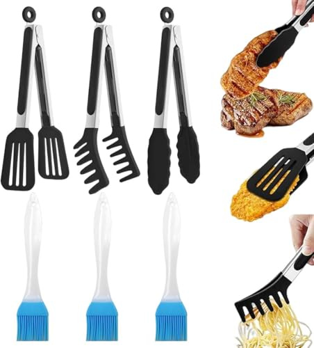 Set de 3 pinzas de cocina de silicona, sin BPA Pinzas antideslizantes de acero inoxidable para parrilla, ideales para asar, pinzas de silicona para freidoras de aire